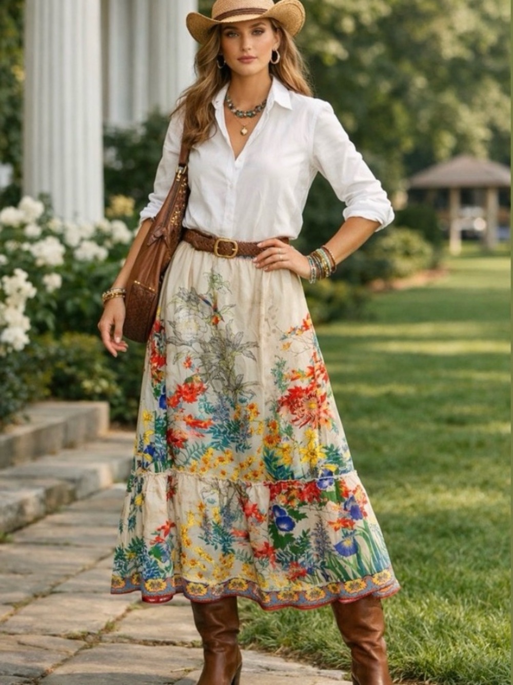 Johnny Was Cream Maxi Skirt with Multicolor Floral Border